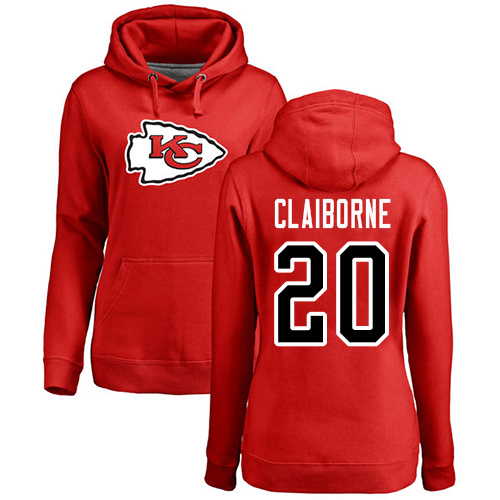 Women Football Kansas City Chiefs #20 Claiborne Morris Red Name and Number Logo Pullover Hoodie->nfl t-shirts->Sports Accessory
